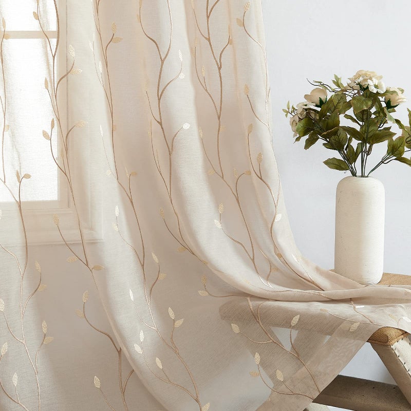 jinchan Sheer Curtains for Bedroom 63 Inch Length Leaf Embroidered Semi Sheers for Living Room Botanical Embroidery Voile Transparent Grommet Window Treatments 2 Panels - Image 3